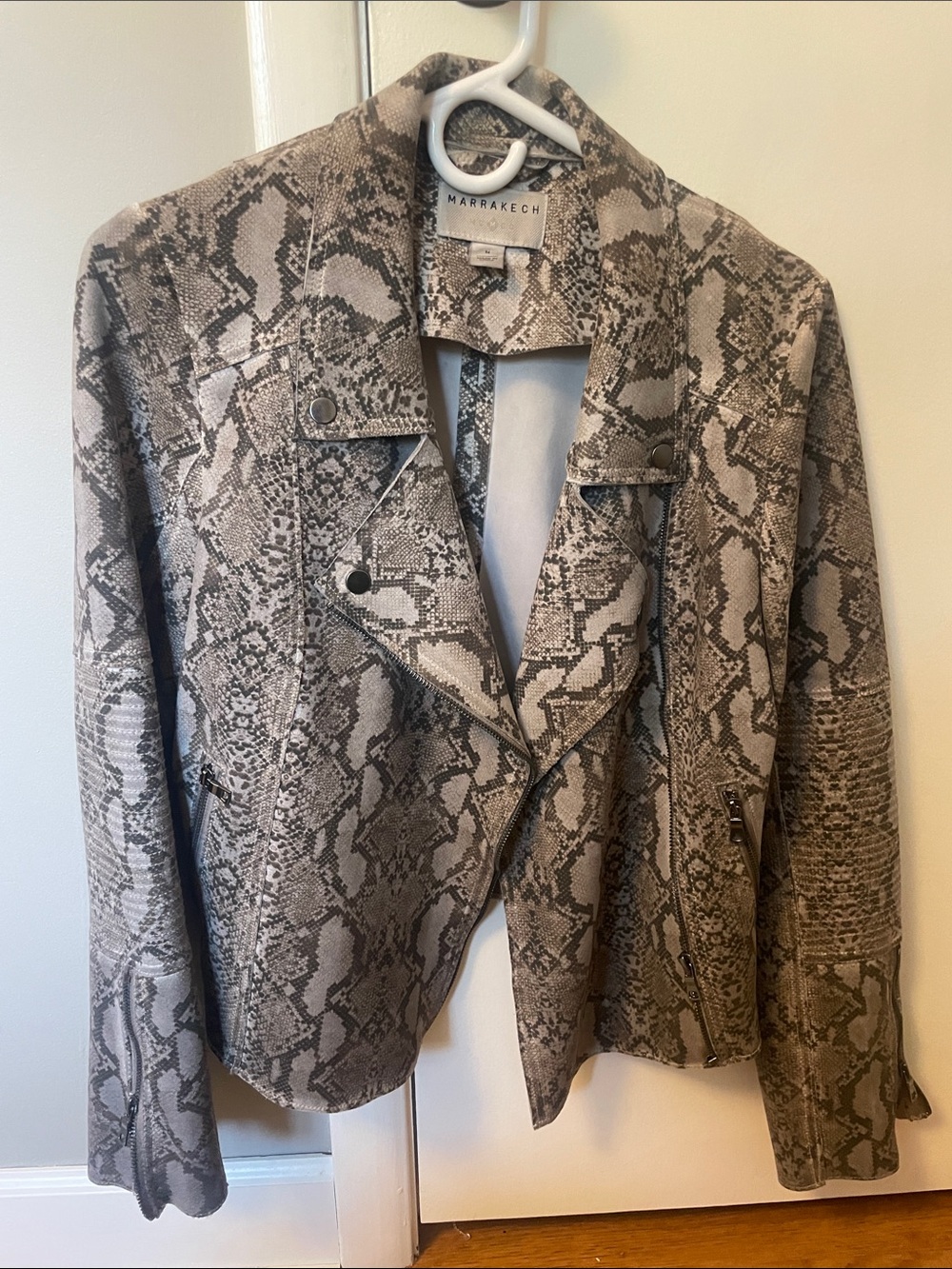 Taupe Snake-Print Leather Moto Jacket